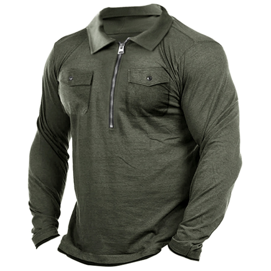 

Camiseta Polo Con Cremallera 1/4 Para Hombre Ropa De Trabajo Informal Al Aire Libre Diseño De Bolsillo Top Básico De Manga Larga