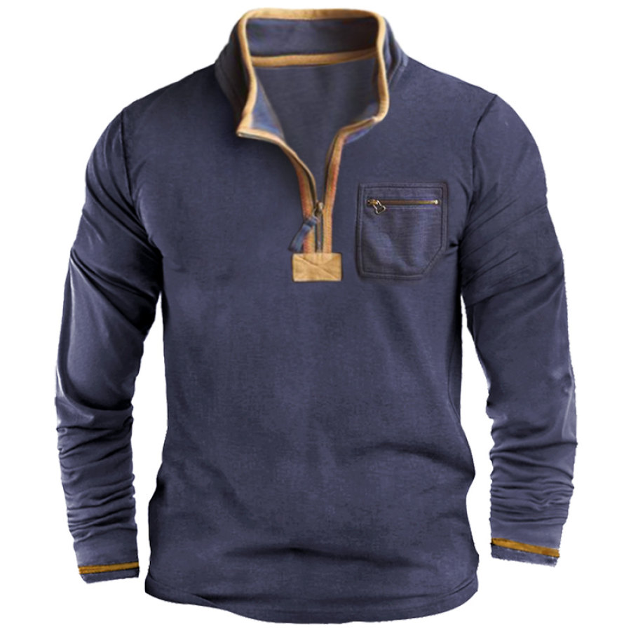 

Herren-T-Shirt Im Retro-Farbblock-Design Mit 1/4-Reißverschluss Für Jeden Tag Lässig Mit Tasche Langärmlig