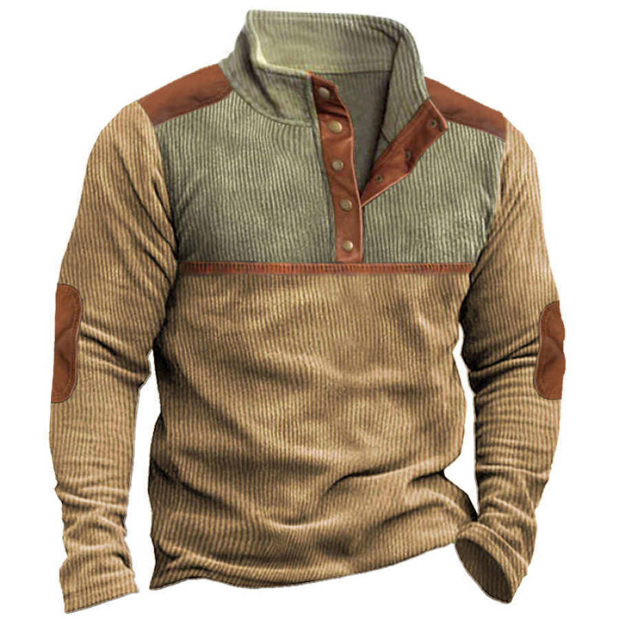 

Hombre Pana Henley Sudadera Codo Cuero Bloques Deportes Al Aire Libre Diario Casual Jersey