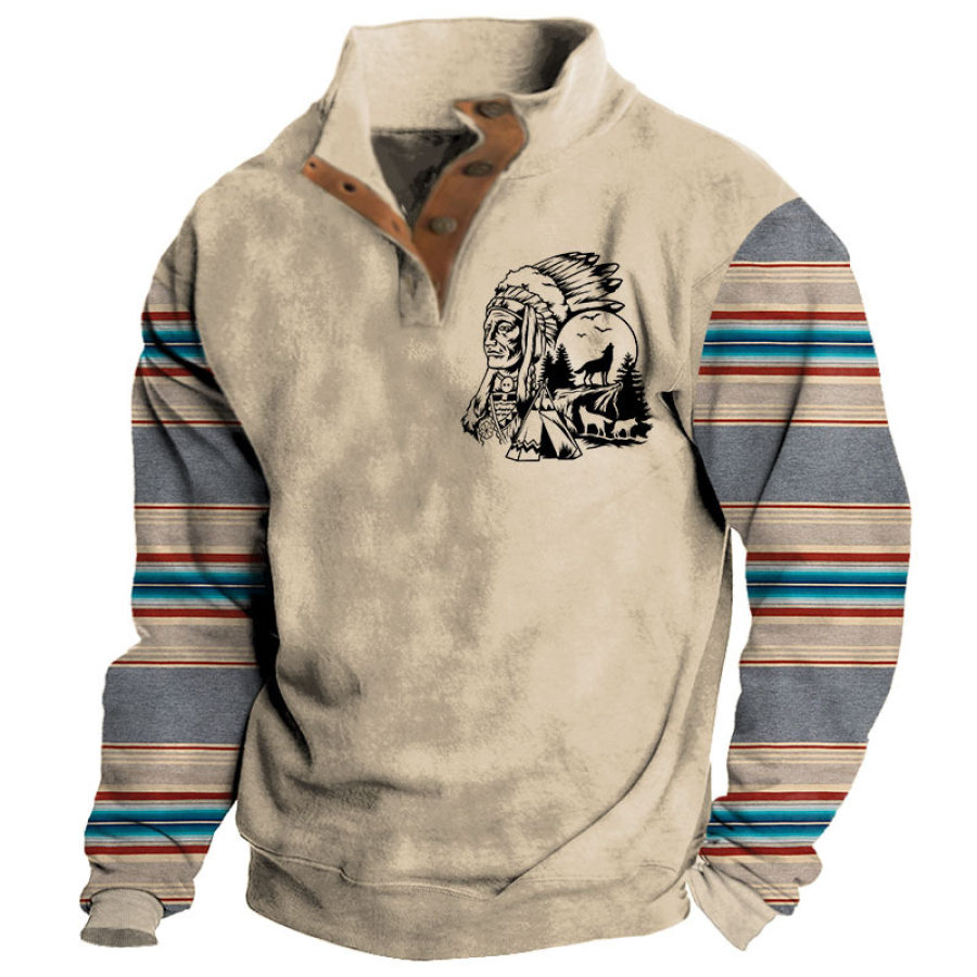 

Sweat Homme Amérindien Western Ethnique Aztèque Col Montant Boutons Vintage Quotidien Hauts