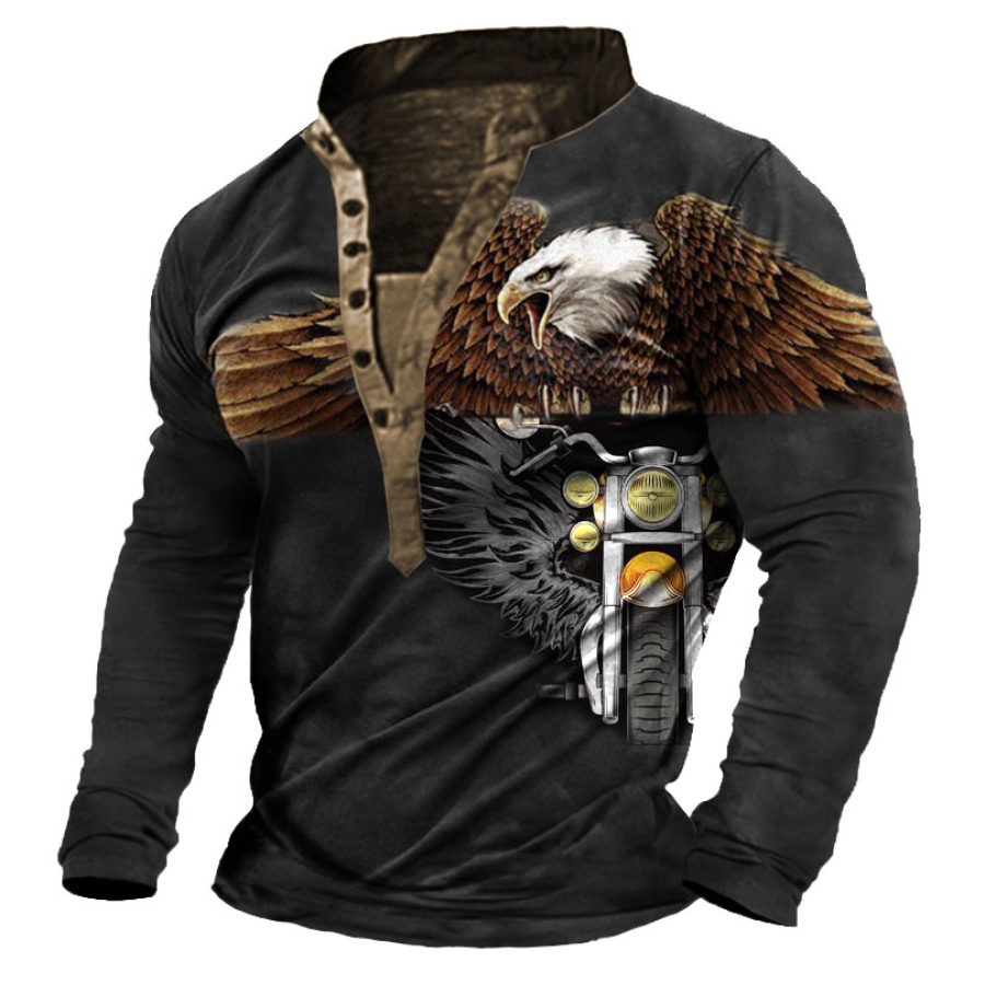 

Camiseta Para Hombre Henley Vintage Eagle Estampado De Motocicleta Manga Larga Tops Diarios