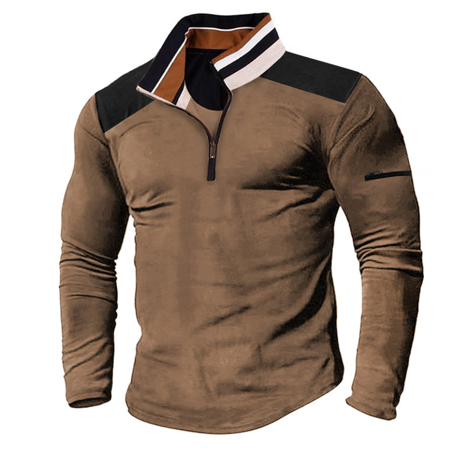 

Camiseta Para Hombre Cuello Alto Con Cremallera De Un Cuarto Bolsillo Color De Contraste Manga Larga Tops Diarios Al Aire Libre