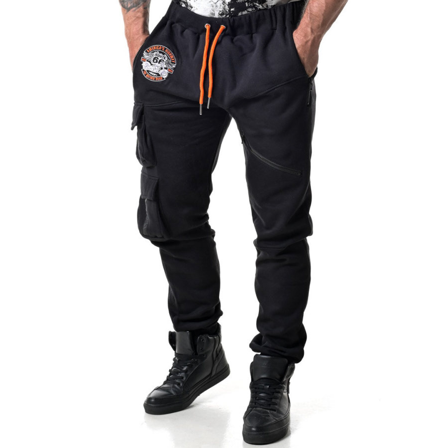 

Pantalon De Survêtement Décontracté Multi-poches Confortable Imprimé Route 66 Pour Moto D'extérieur Pour Hommes