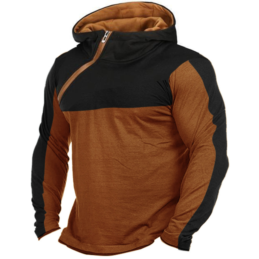 

Men's Diagonal Zipper Hooded T-shirt Outdoor Casual Warm Base Long Sleeve Top