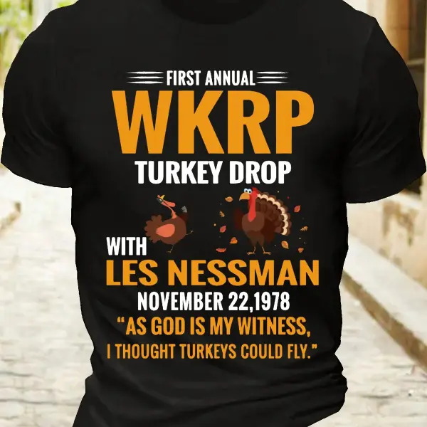 Men's Cotton First Annual WKRP Turkey Drop With Les Nessman November 22 1978 T-Shirt - Kalesafe.com 