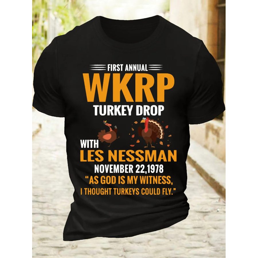 

Men's Cotton First Annual WKRP Turkey Drop With Les Nessman November 22 1978 T-Shirt