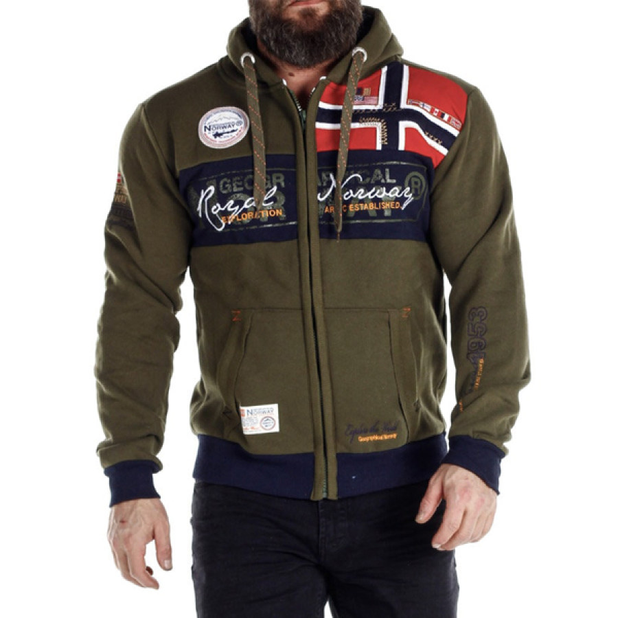 

Vail Geo Norway Hooded Sweatshirt Jacket Spring Autumn Casual Sport Pocket Dark Olive Green CardiganV