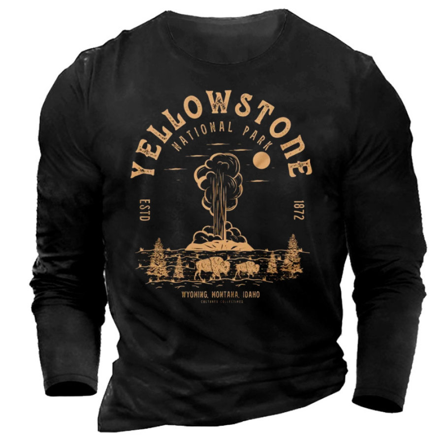 

Men's Vintage Yellowstone National Park Printed Round Neck Long Sleeve T-shirt