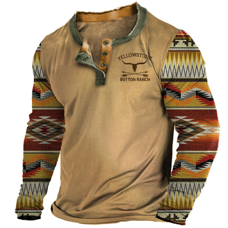 

Camiseta Casual De Manga Larga Henley Con Bloques De Color Y Estampado étnico De Yellowstone Vintage Para Hombre