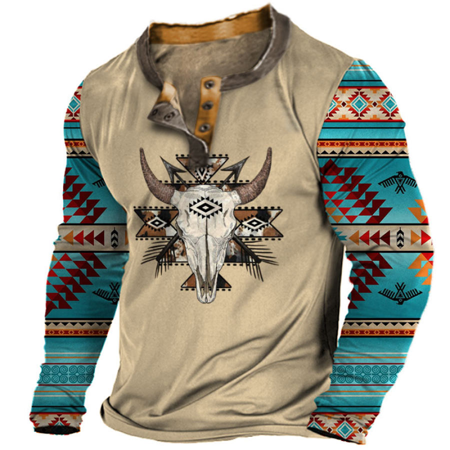 

Camiseta Casual De Manga Larga Henley Con Bloques De Color Y Estampado étnico Retro De Yellowstone Para Hombre