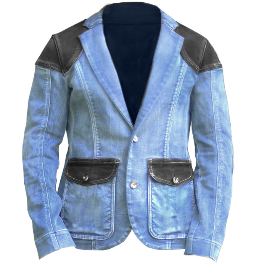 

Мужская винтажная джинсовая куртка в стиле пэчворк с цветными блоками