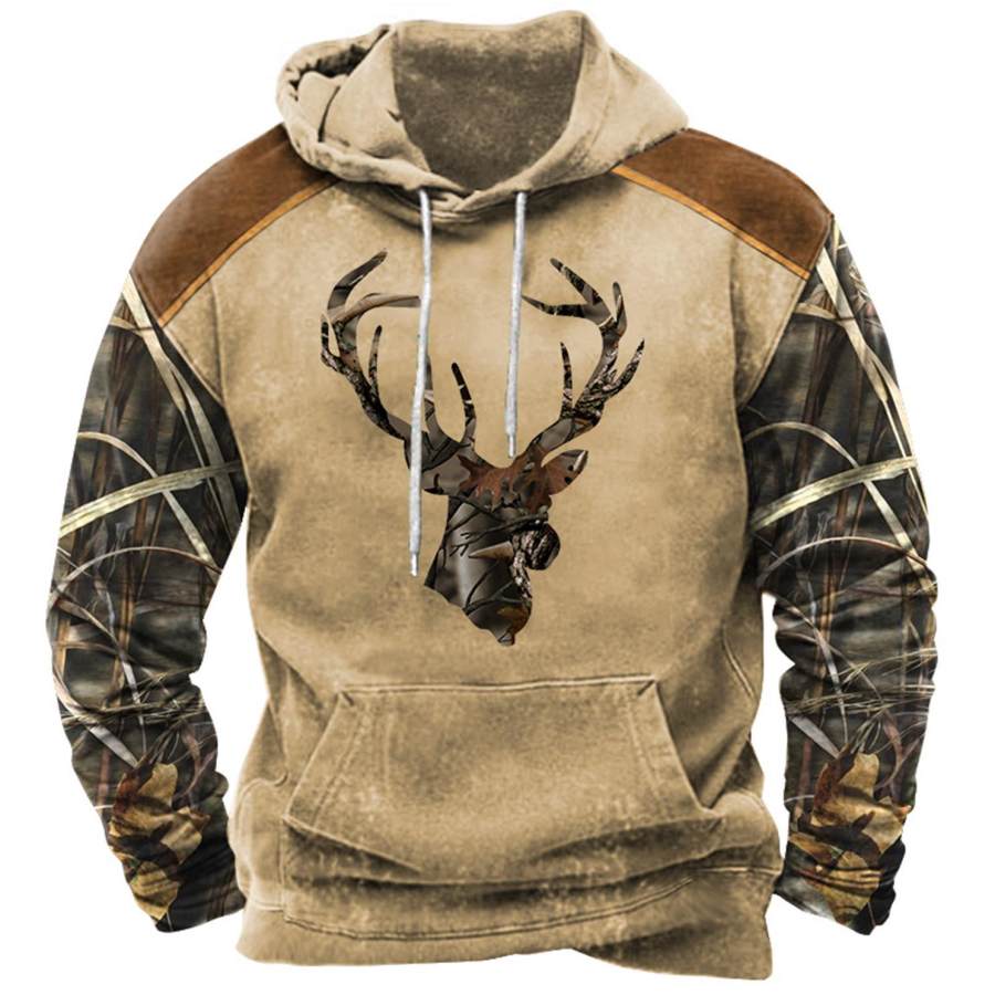 

Men's Hoodie Vintage Antler Deer Head Camo Hunting Print Pocket Long Sleeve Daily Tops