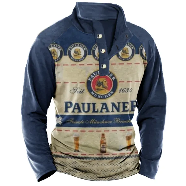 Men's Wine Print Henley Stand Collar Long Sleeve Casual T-Shirt - Cotosen.com