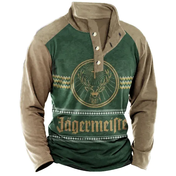 Men's Wine Print Henley Stand Collar Long Sleeve Casual T-Shirt - Cotosen.com
