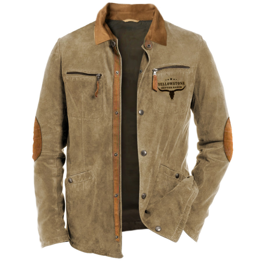 

Men's Retro Yellowstone Workwear Zipper Pocket Elbow Patch Shirt Jacket Outdoor Mid-Length Casual Lapel Outerwear