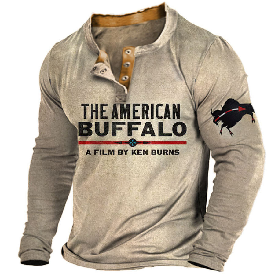 

Camiseta Casual De Manga Larga Henley Con Bloques De Color Y Estampado De Búfalo Americano Vintage Para Hombre