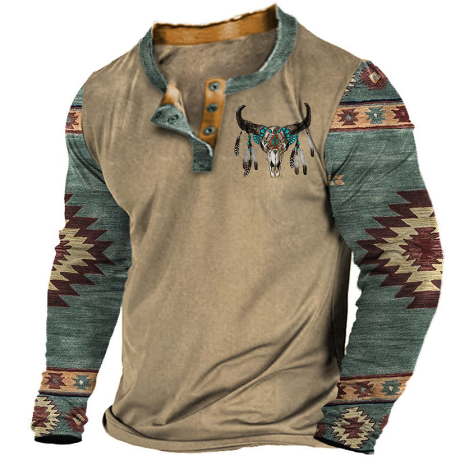 

Camiseta Casual De Manga Larga Henley Con Bloques De Color Y Estampado étnico Occidental Vintage Para Hombre