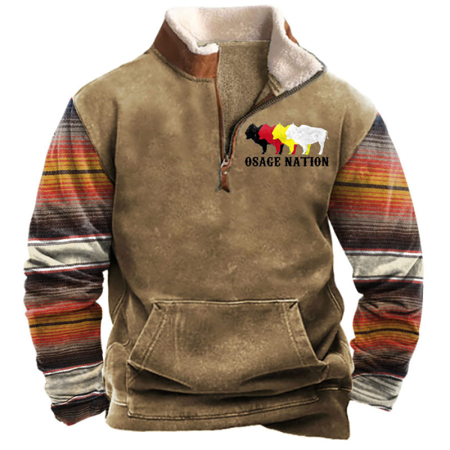 

Sudadera Con Estampado De Rayas Occidentales Indias De Osage Nation Para Hombre Con Cremallera De Un Cuarto Y Cuello De Felpa Vintage Para Uso Diario