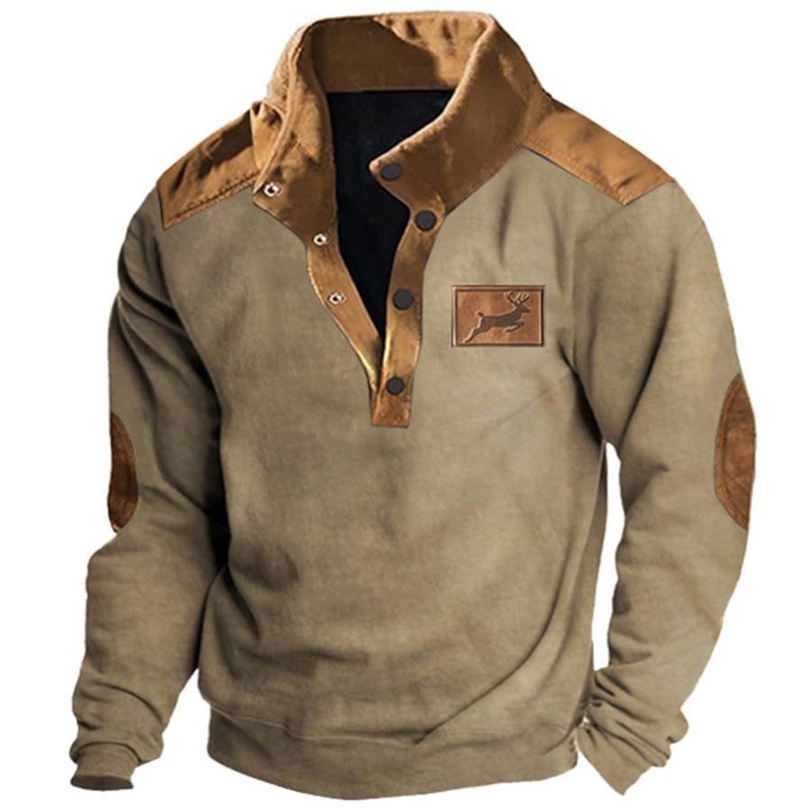 

Sweat-shirt Vintage Hunting Deer Pour Hommes Imprimé Colorblock Col Montant Patch Sur Les Coudes