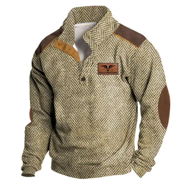 Men's Sweatshirt Yellowstone Herringbone Print Stand Collar Buttons Color Block Vintage Daily Tops - Cotosen.com