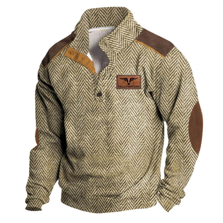 

Men's Sweatshirt Yellowstone Herringbone Print Stand Collar Buttons Color Block Vintage Daily Tops