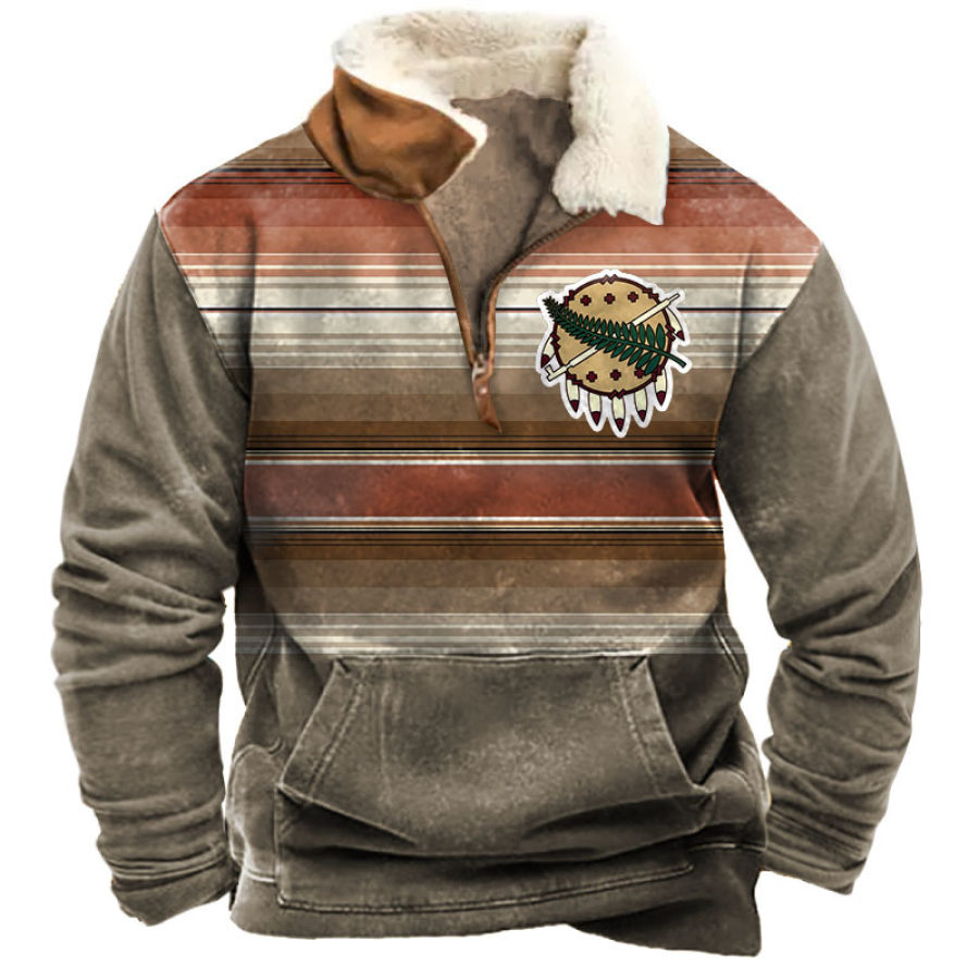 

Sudadera Con Estampado De Rayas Occidentales De Oklahoma Osage Shield Para Hombre Con Cremallera De Un Cuarto Y Cuello De Felpa Tops Diarios Vintage