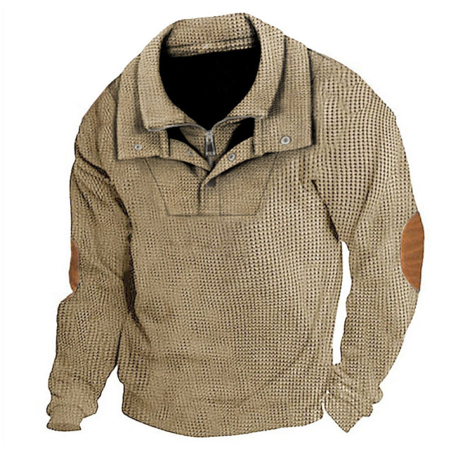 

Sudadera Para Hombre Con Cuello Doble Tipo Gofre Y Cremallera A Presión Parche En El Codo Vintage Tops Diarios Al Aire Libre