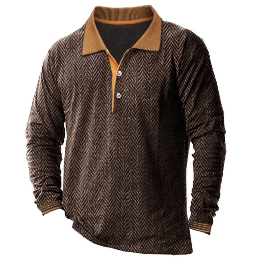 

Men's Herringbone Stand Collar Polo Shirt Outdoor Casual Long Sleeve Top