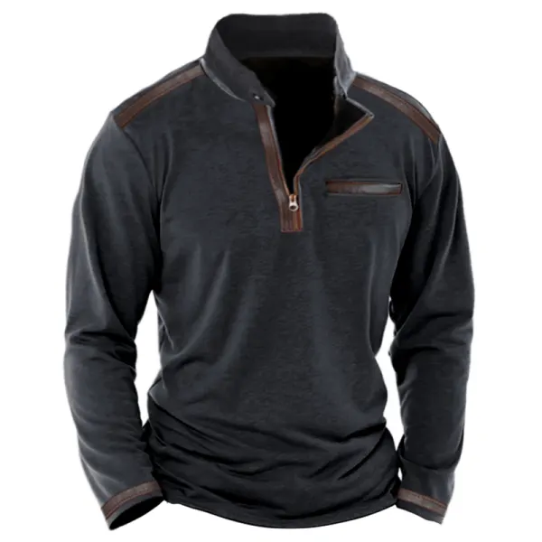 Men's Stand Collar 1/4 Zip Vintage Contrast Color Leather Web Long Sleeve T-Shirt 
