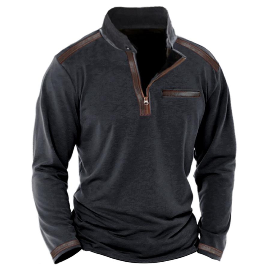 

Мужская винтажная кожаная футболка контрастного цвета с воротником-стойкой и молнией 1/4 с длинным рукавом
