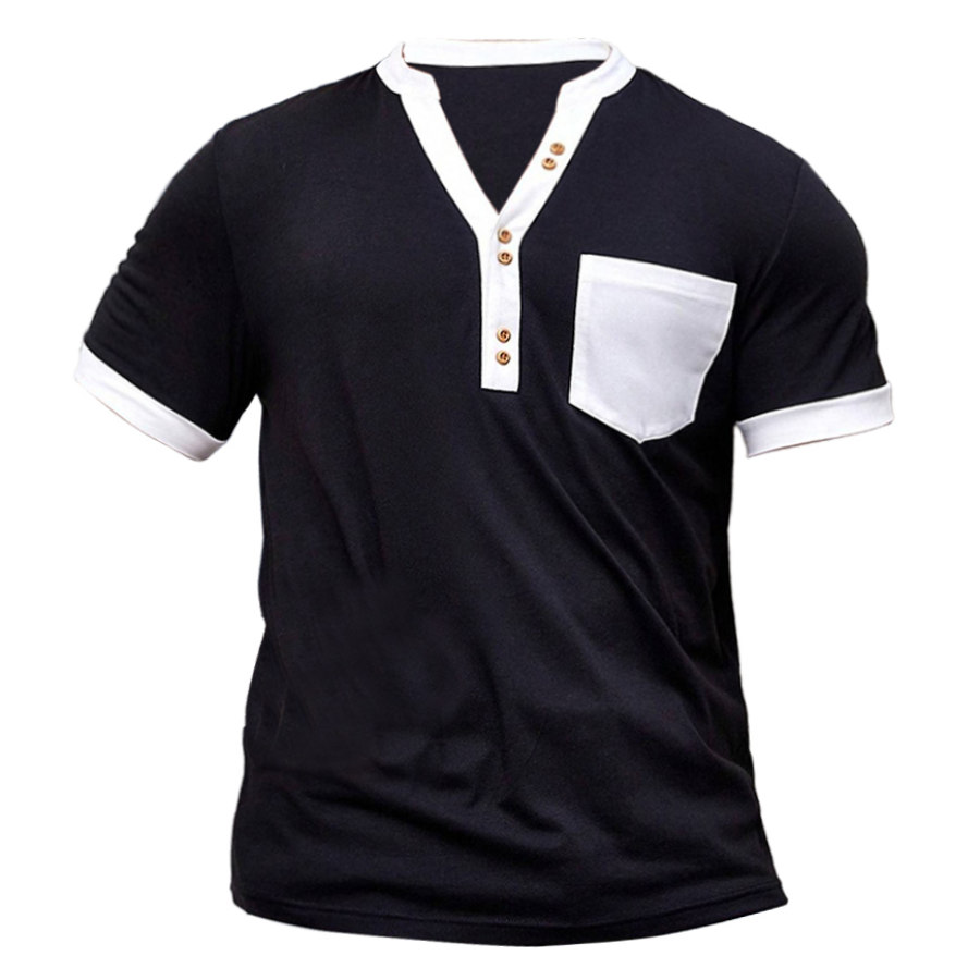 

T-Shirt Homme Col Henley Vintage Poche Extérieur Bloc De Couleur Manches Courtes Eté Quotidien Hauts