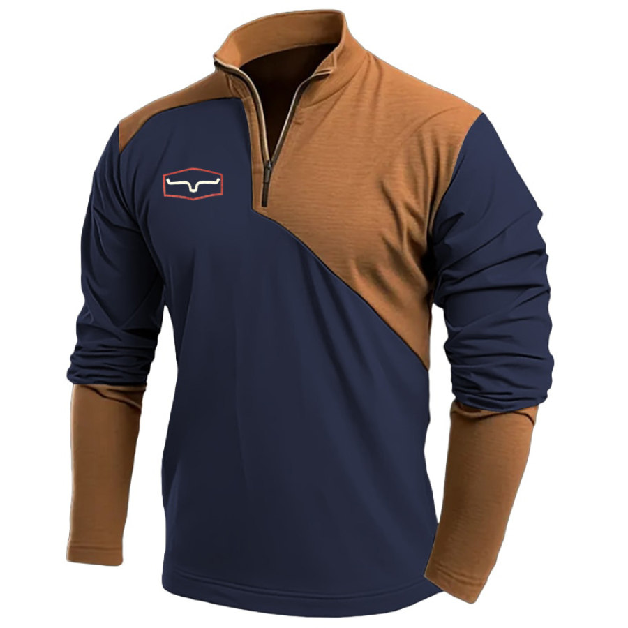 

Men's T-Shirt Cowboy Aztec Print Long Sleeve Quarter Zipper Stand Collar Vintage Color Block Stitching Daily Tops