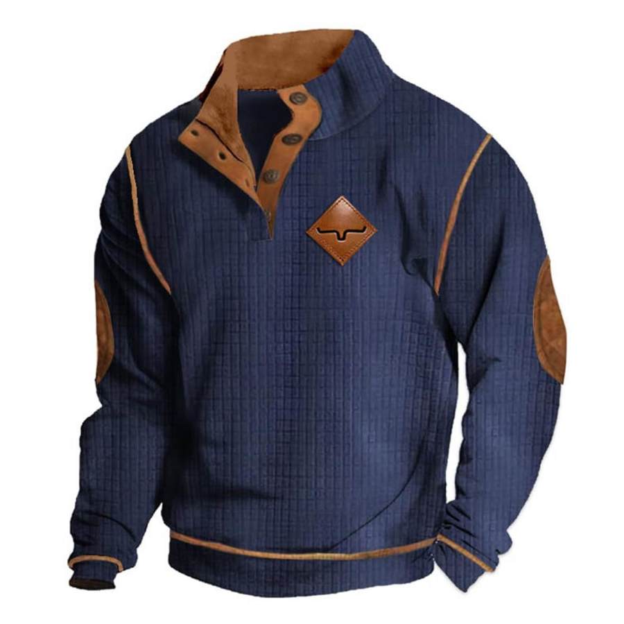 

Hombre Sudadera Vaquero Azteca A Cuadros Jacquard Cuello Alto Codo Botones Con Parche Bloques Vintage Diario Tops