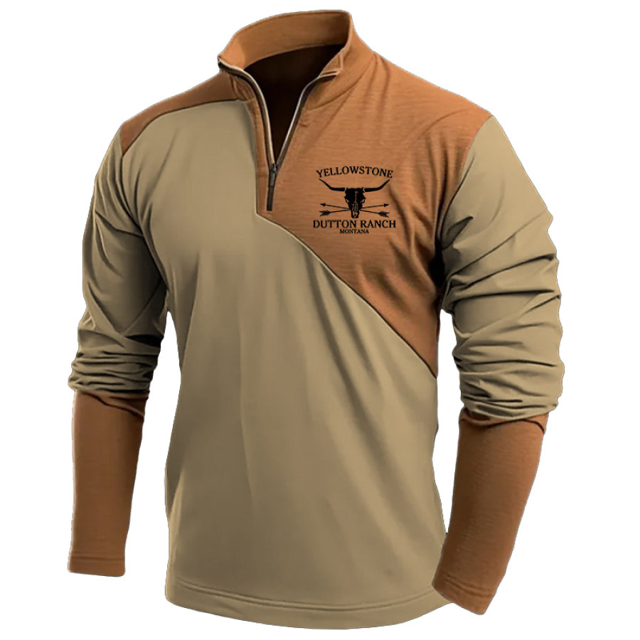 

T-Shirt Pour Homme Imprimé Yellowstone Manches Longues Fermeture Éclair Quart Col Montant Vintage Coutures Bloc De Couleur Hauts Quotidiens