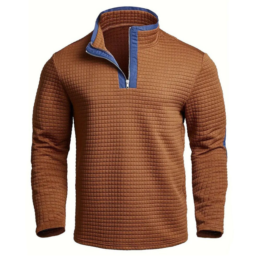 

Sudadera Para Hombre Vintage Waffle Jacquard A Cuadros Con Cremallera De Un Cuarto Parche En El Codo Patchwork Manga Larga Cuello Alto Tops Diarios