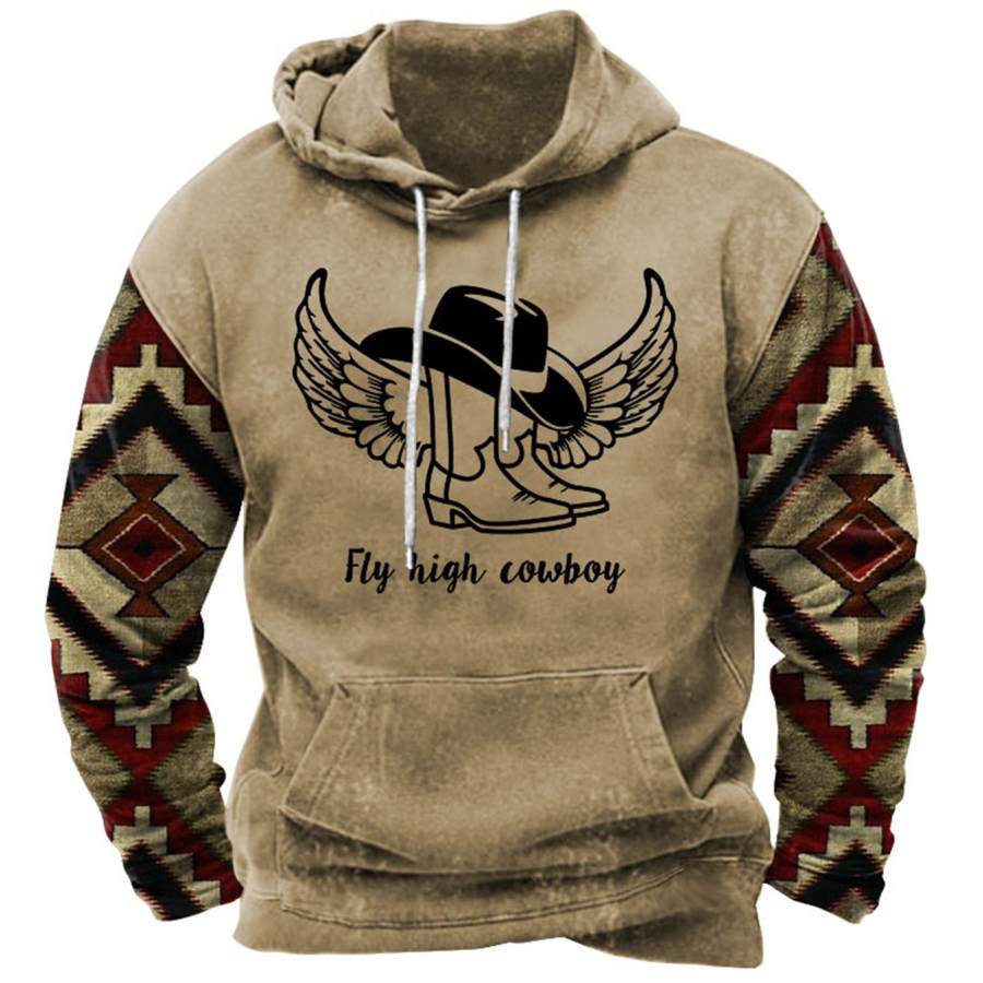 

Sudadera Con Capucha Para Hombre Estilo Vintage Con Mosca Alta Sombrero De Vaquero Botas Alas Azteca Estampado Occidental Bolsillo Manga Larga Tops Diarios