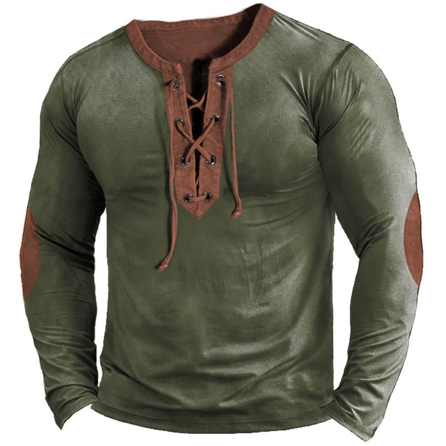 

Men's T-Shirt Lace-Up Vintage Long Sleeve Contrast Color Elbow Patch Outdoor Daily Tops