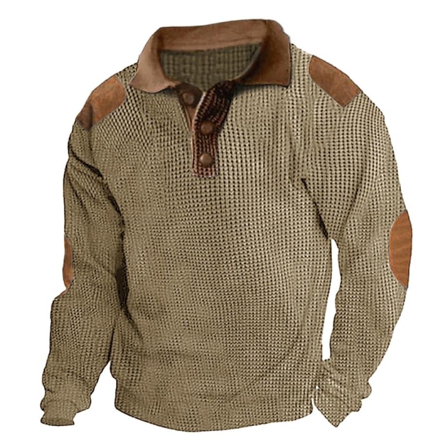 

Polo En Tricot Gaufré Pour Hommes Haut à Manches Longues Chemise Bloc De Couleurs Vêtements Patchwork De Vacances