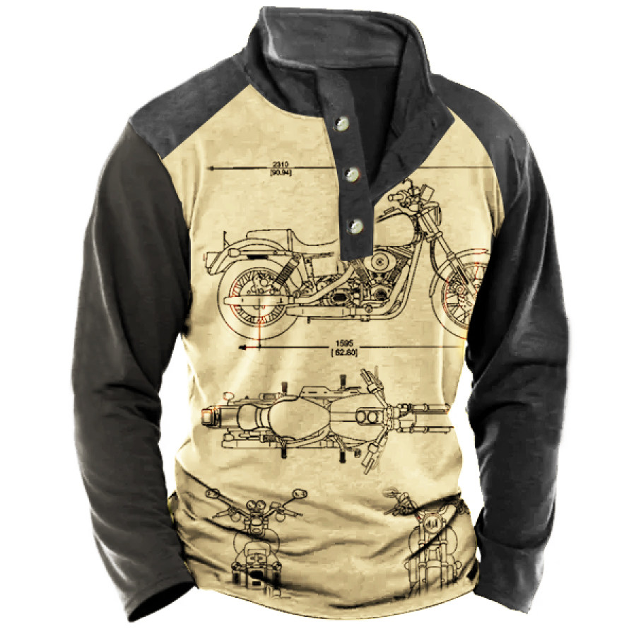 

Camiseta Informal De Manga Larga Con Cuello Levantado Y Estampado De Imagen De Desmontaje De Motocicleta Retro Para Hombre