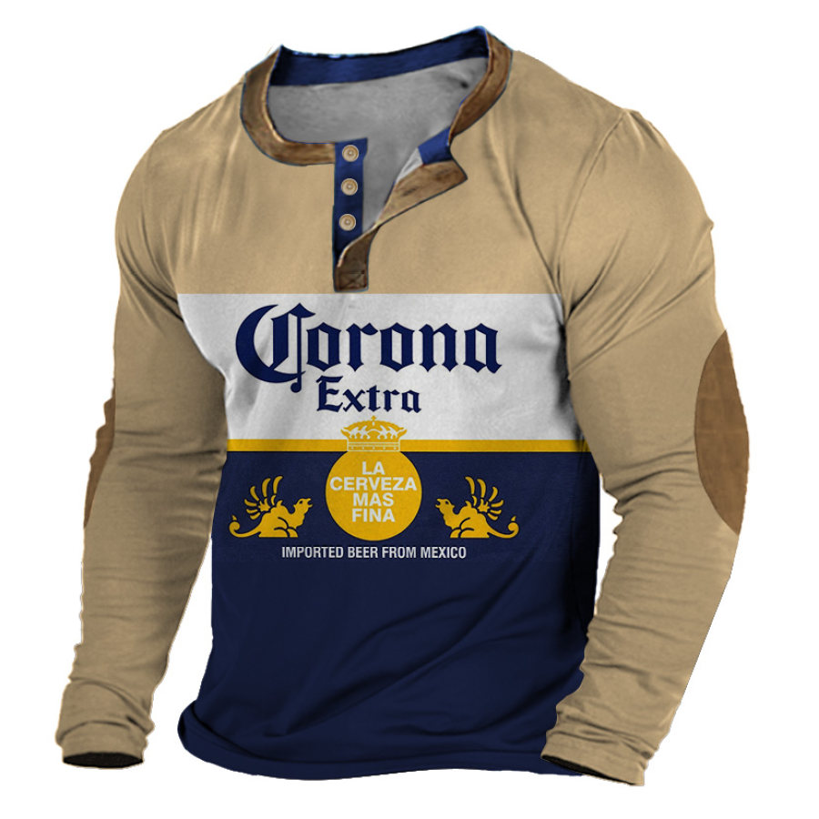 

Henley-T-Shirt Für Herren Corona Extra Beer Vintage-Druck Farbblock Outdoor-Langarm-Oberteile