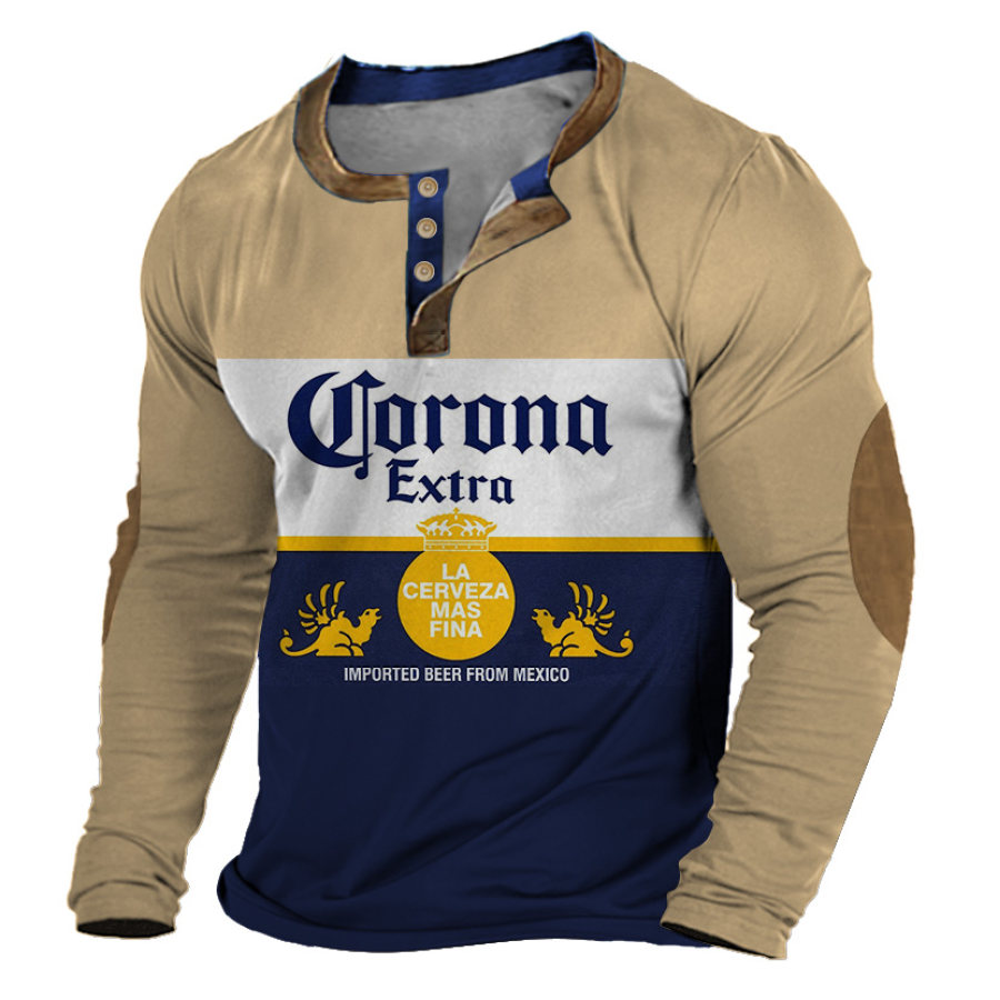 

T-shirt Henley Pour Hommes Corona Extra Beer Vintage Print Color Block Outdoor Tops à Manches Longues