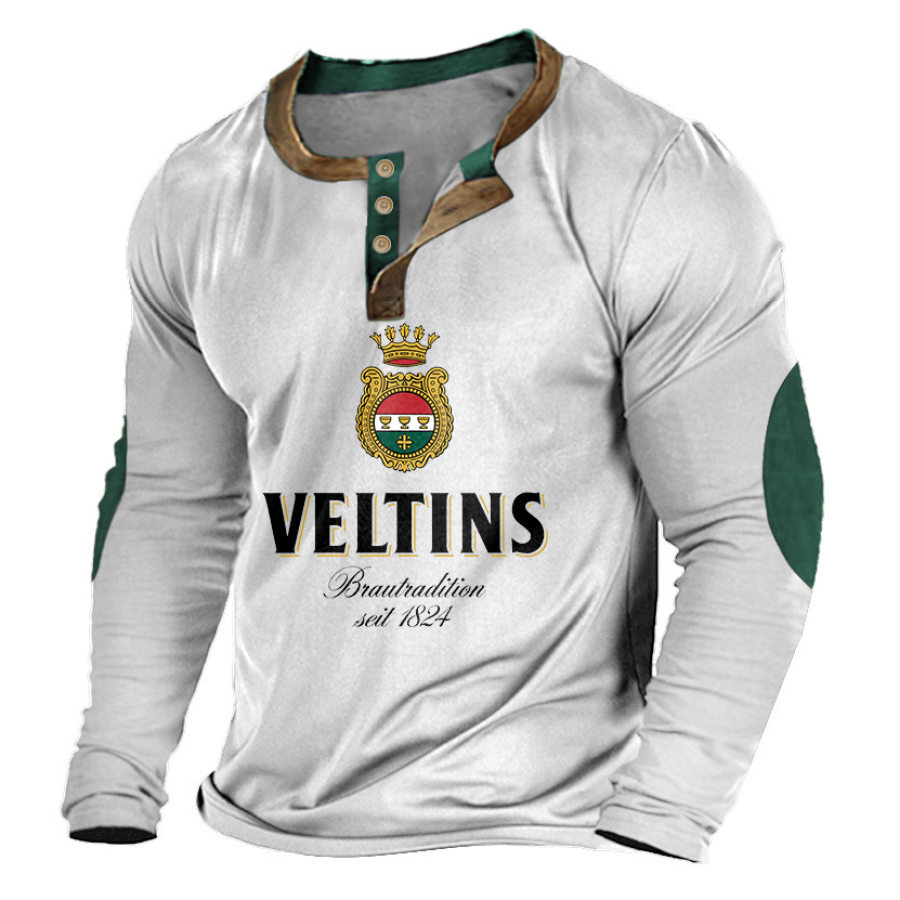 

Men's Henley T-Shirt Veltins Beer Vintage Print Color Block Outdoor Long Sleeve Tops