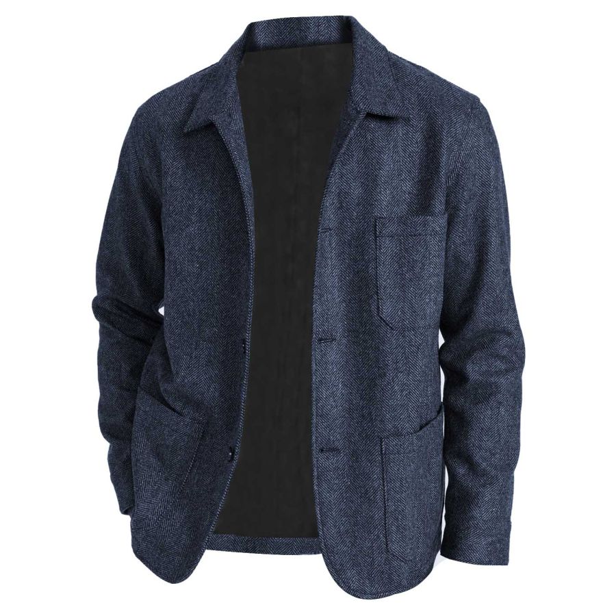 

Men's Shirt Jacket Vintage Herringbone Multi Pocket Lapel Coat