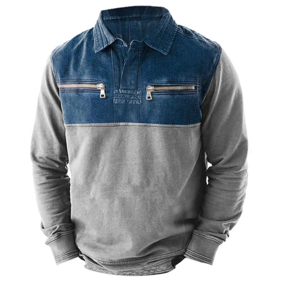 

Sweat-shirt En Denim Patchwork Pour Hommes Pull Décontracté D'extérieur Avec Poche Zippée Pull Quotidien