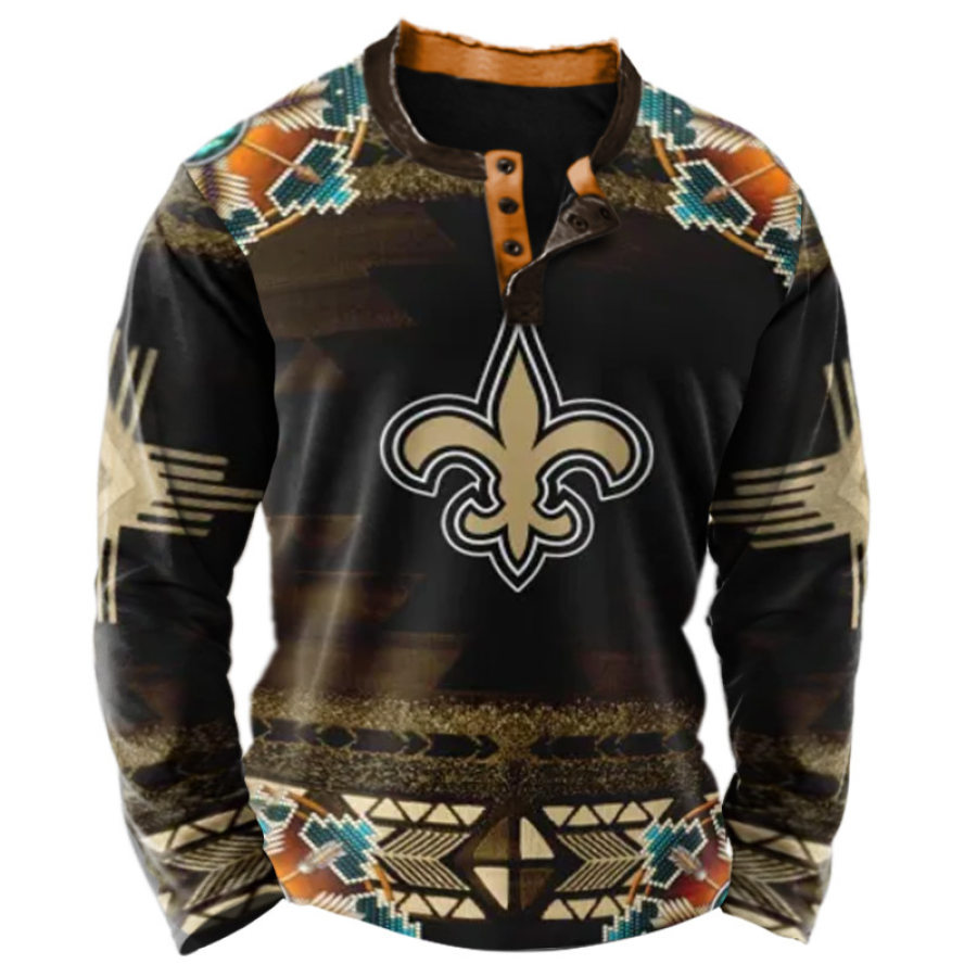 

Men's NFL New Orleans Saints Ethnic Print Super Bowl Everyday Casual Long Sleeve Henley