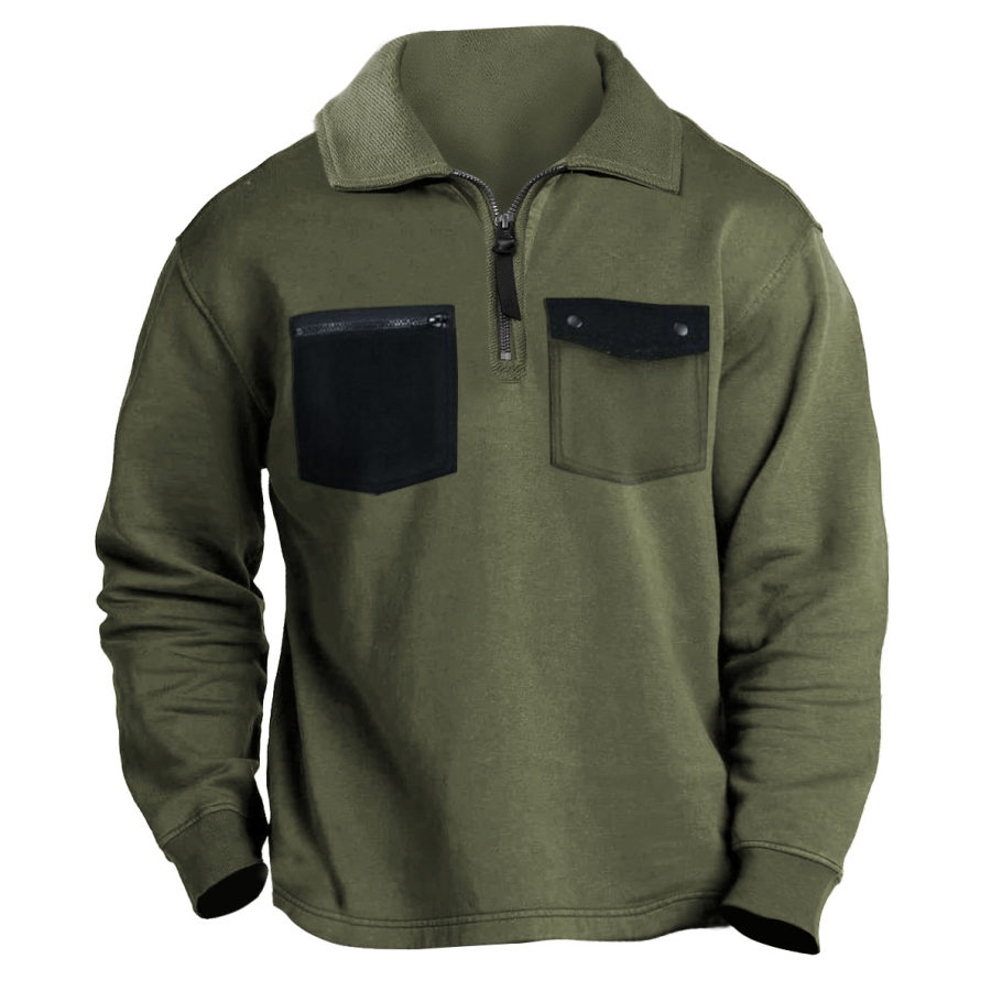

Sudadera De Hombre Vintage Con Cremallera De Un Cuarto Cuello Alto Bolsillo Bloques De Color Tops Diarios