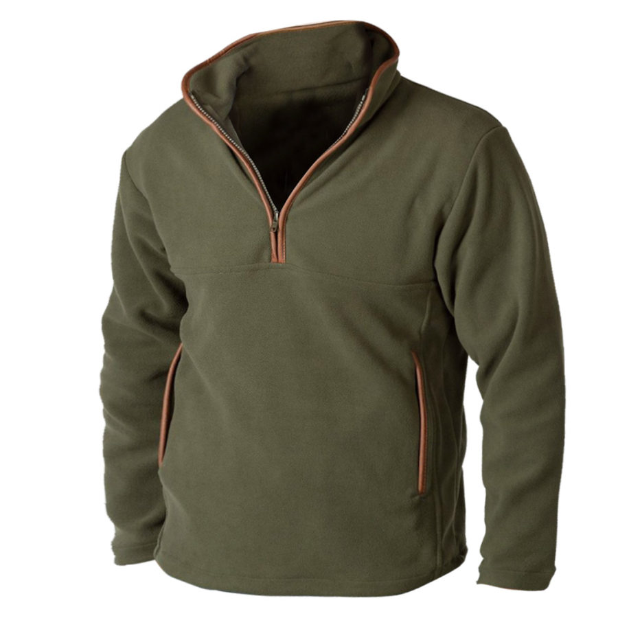 

Men's Sweatshirt Vintage Fleece Patchwork Leather Quarter-Zip Stand Collar PocketDaily Tops