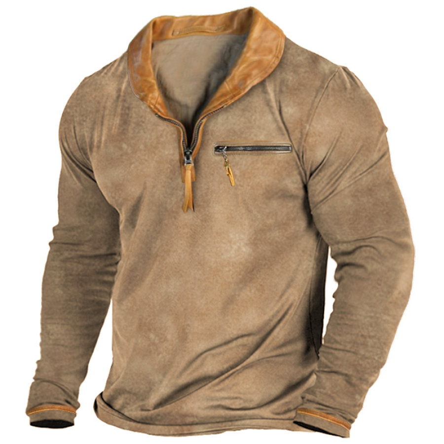 

Men's Vintage Leather 1/4 Zip Lapel Pullover Outdoor Pocket Long Sleeve T-Shirt