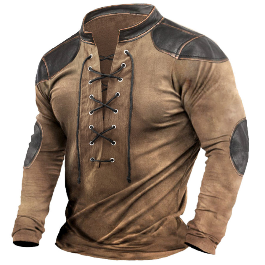 

Pull à Lacets En Cuir Patchwork Pour Hommes T-shirt Rétro à Manches Longues Pour L'extérieur