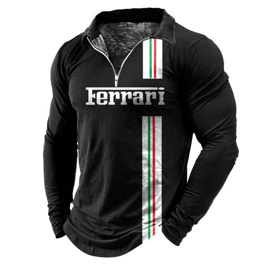 

Camiseta Para Hombre Con Estampado De Rayas De Carreras Manga Larga Solapa Con Cremallera Tops Diarios Al Aire Libre